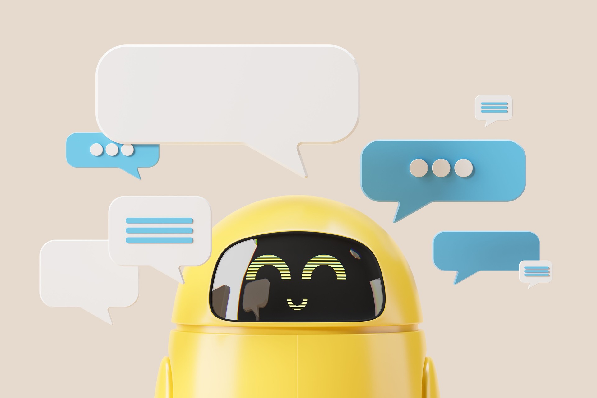 3d rendering. Smiling robot with mock up texts bubbles and messages 3d rendering. Smiling robot with mock up texts bubbles and messages