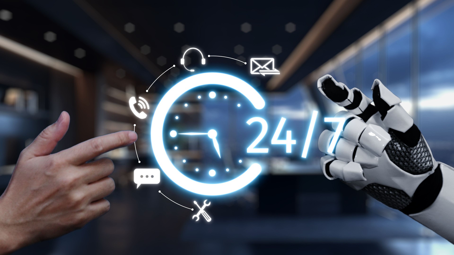 Hands of human and robot interacting with glowing clock symbolizing 24-hour service and support in a modern digital environment. Auvana Hands of human and robot interacting with glowing clock symbolizing 24-hour service and support in a modern digital environment. Auvana